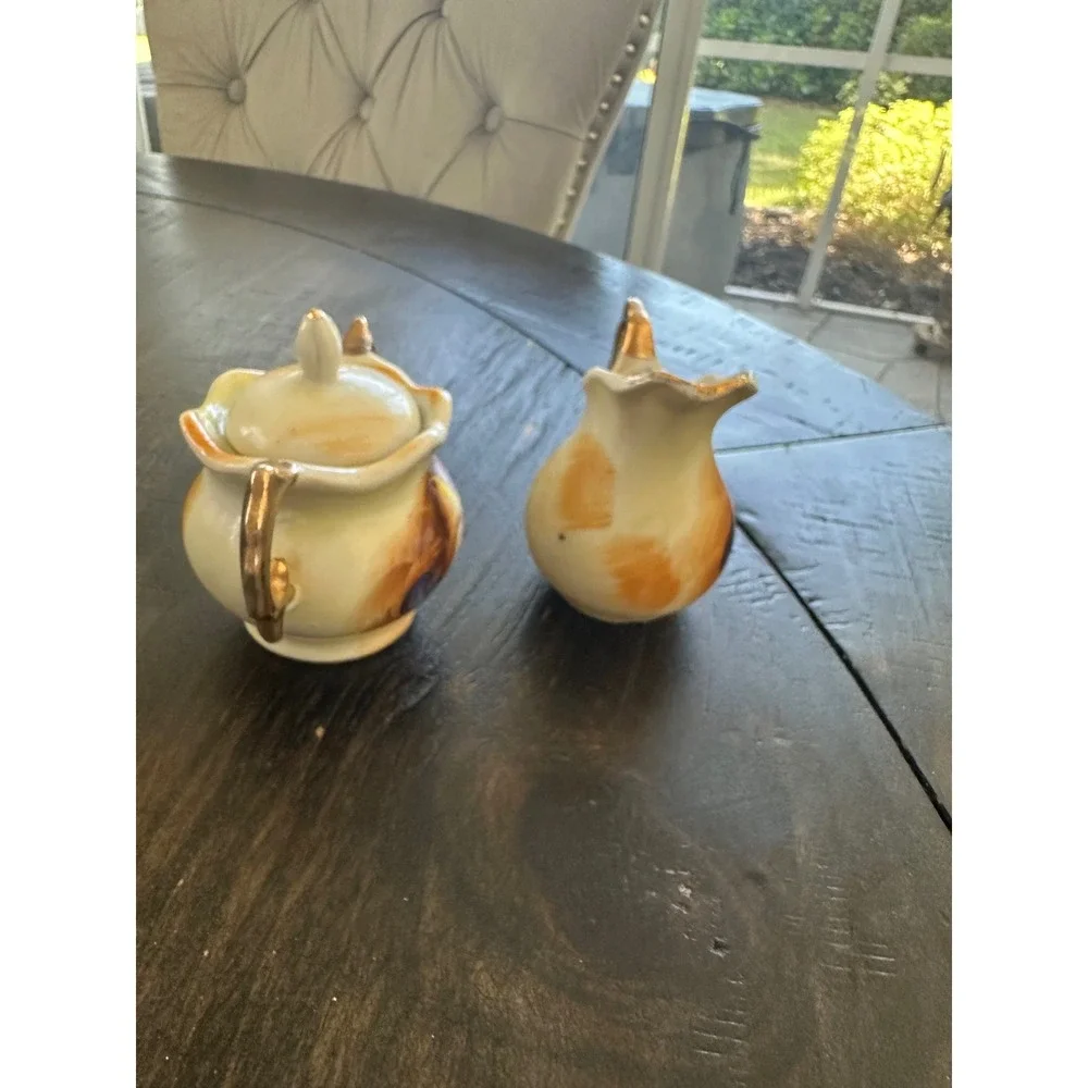 Vintage Mini Creamer Sugar Bowl Set Hand Painted Fruit Gold Trim Porcelain Japan